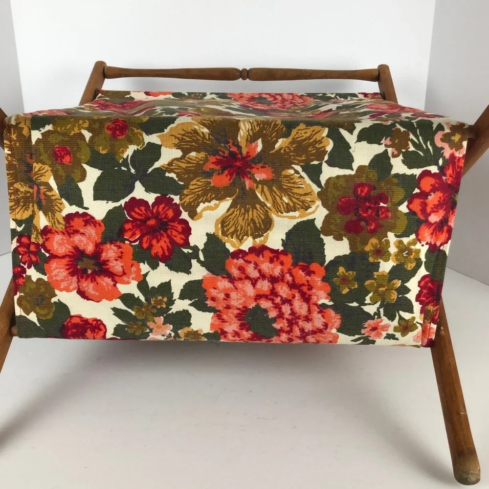VTG Floral Tapestry Folding Knitting Yarn Basket Wooden Magazine Rack MCM Red EC